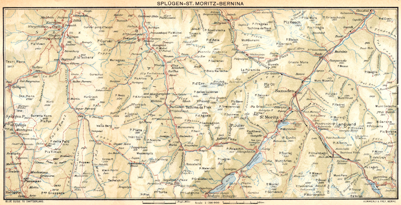 SWITZERLAND. Splugen-St Moritz-Bernina 1930 old vintage map plan chart